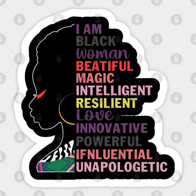 I am a black woman, beautiful and unapologetic, Black Girl Magic Sticker by UrbanLifeApparel